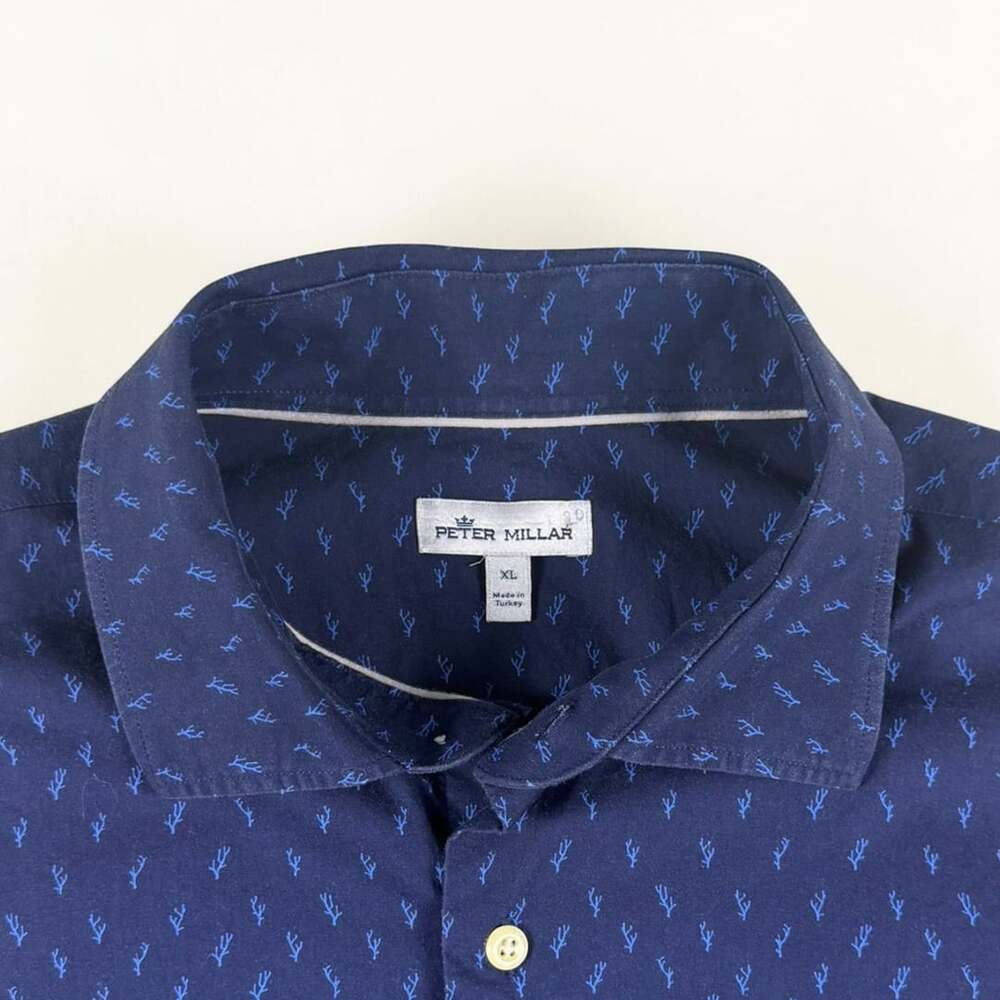 Peter Millar Shirt Mens XL Navy Blue Coral Print Short Sleeve Stretch Button Up